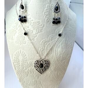 Black Crystal Heart Pendant Necklace and Earring Set in Silver Adjustable Size